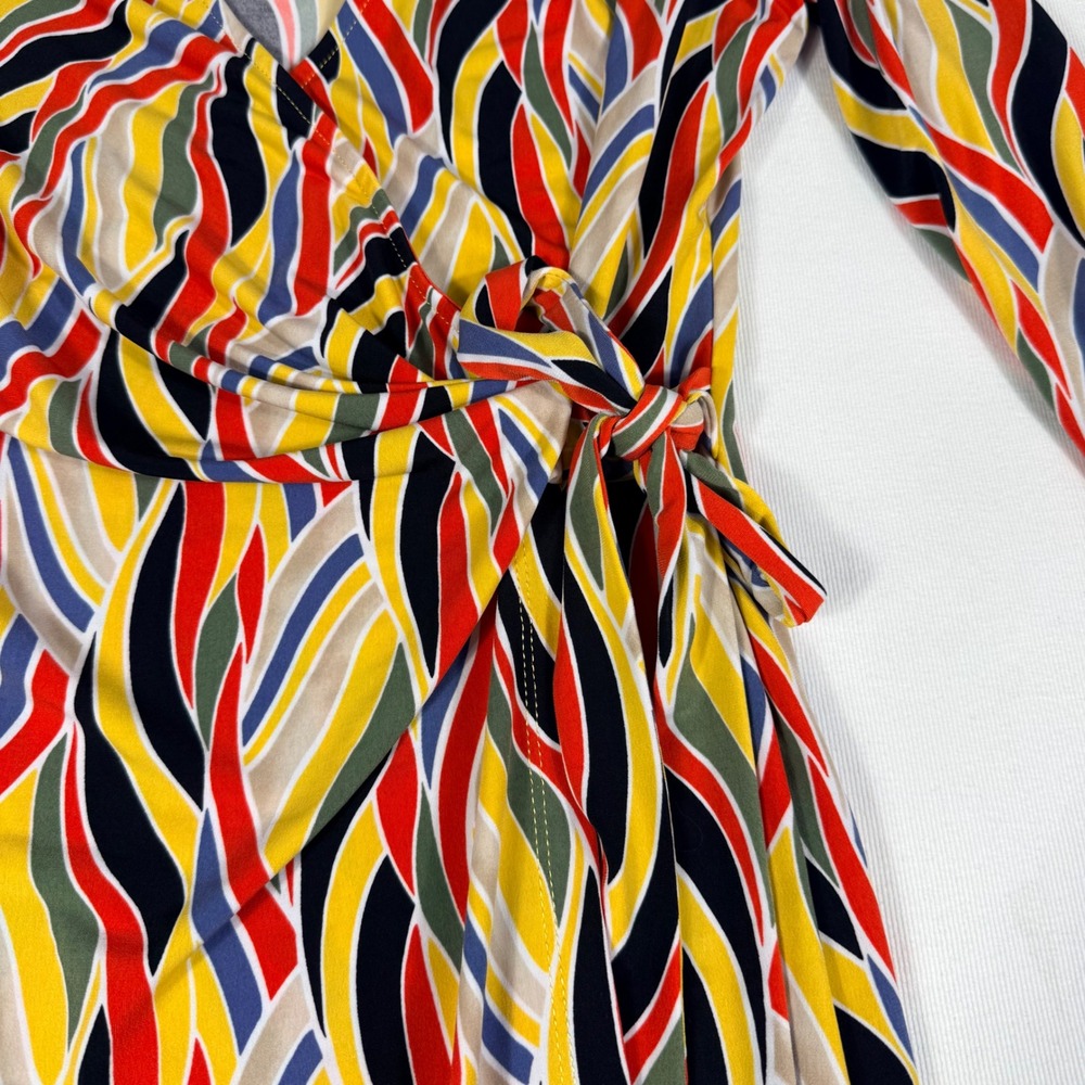 J.Crew 2 Faux Wrap Dress Multicolor Abstract Brunch Resort Knee Length Tie Waist - Picture 8 of 16